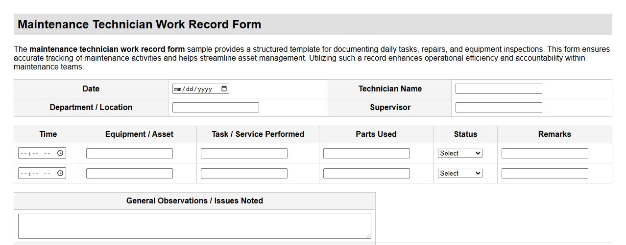 maintenance technician work record form sample image preview