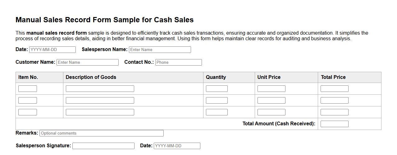 Manual sales record form sample for cash sales image preview