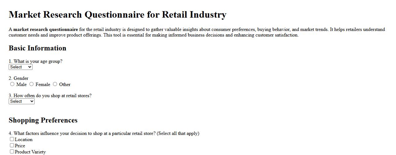 Market research questionnaire for retail industry image preview