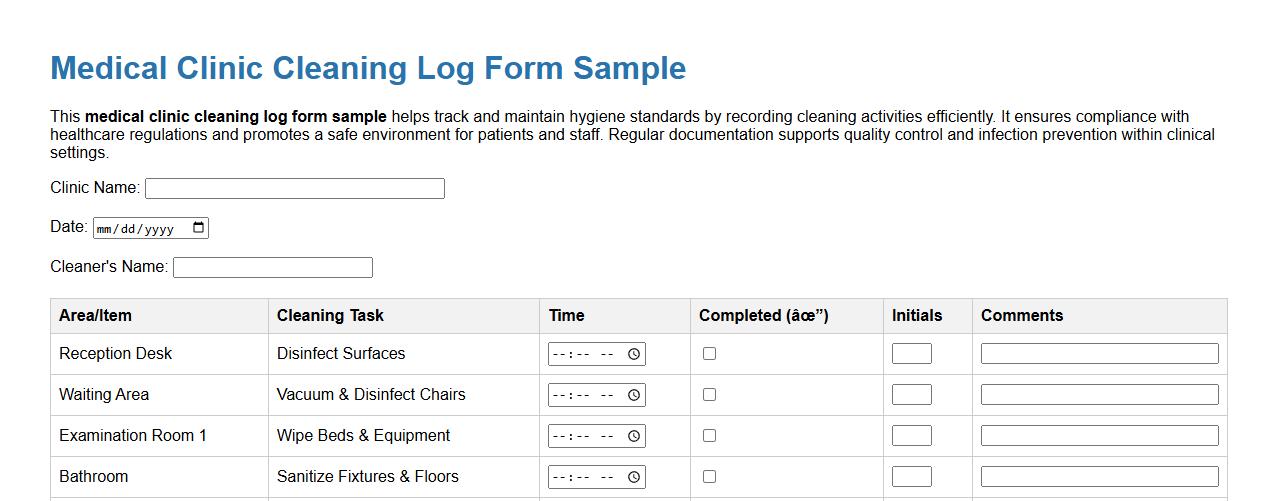Medical clinic cleaning log form sample image preview