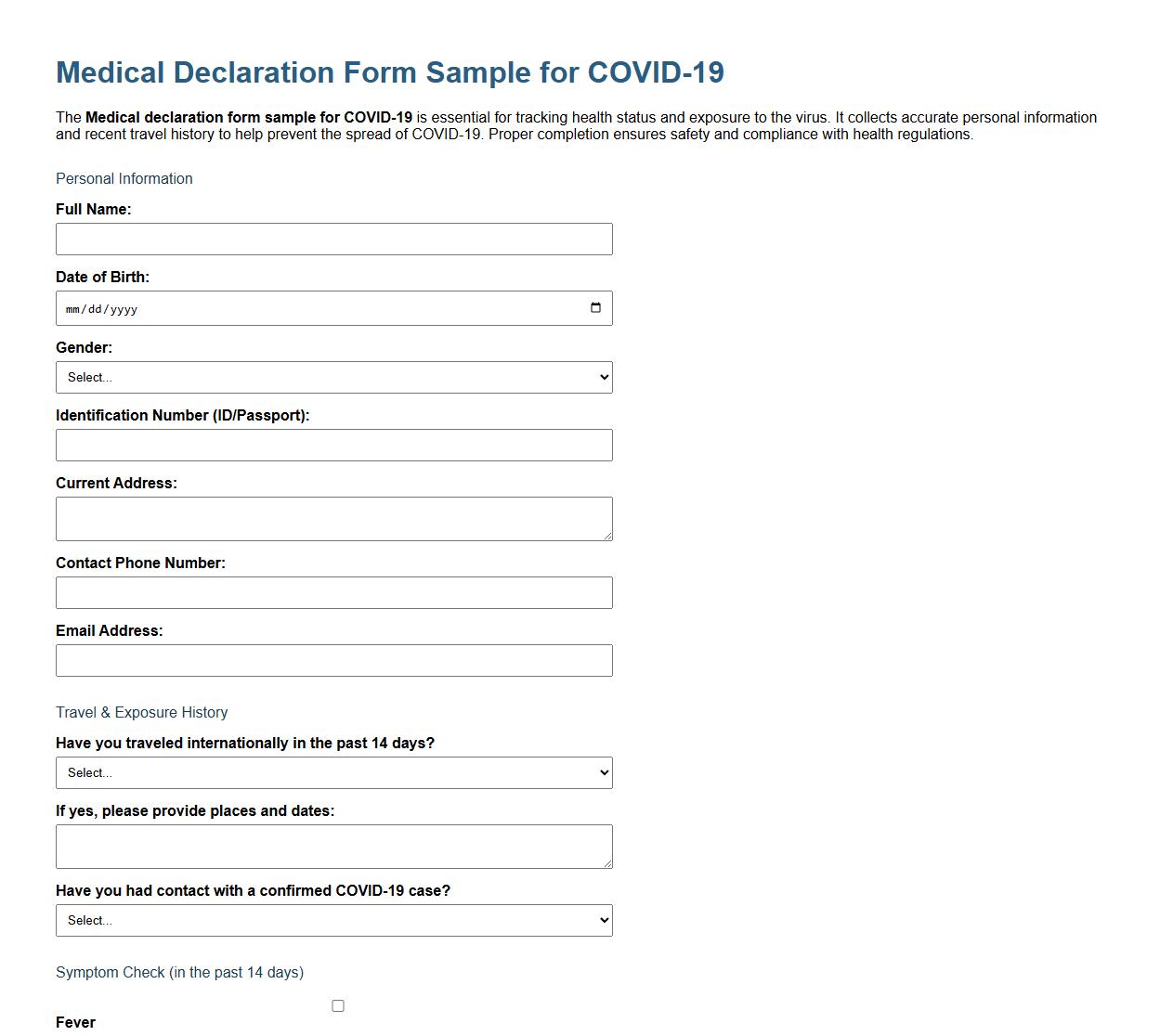 Medical declaration form sample for COVID-19 image preview