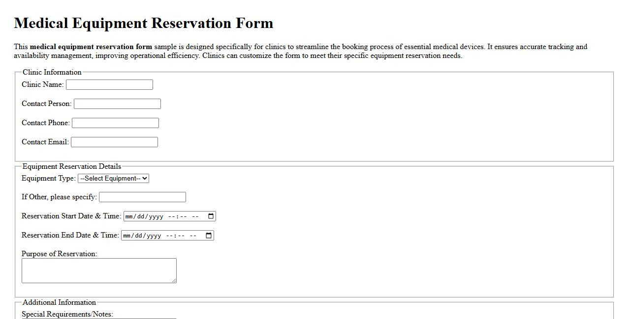 Medical equipment reservation form sample for clinics image preview