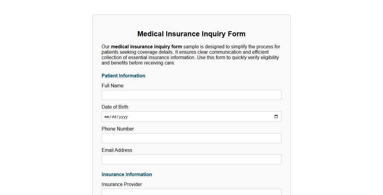 Medical insurance inquiry form sample for patients image preview