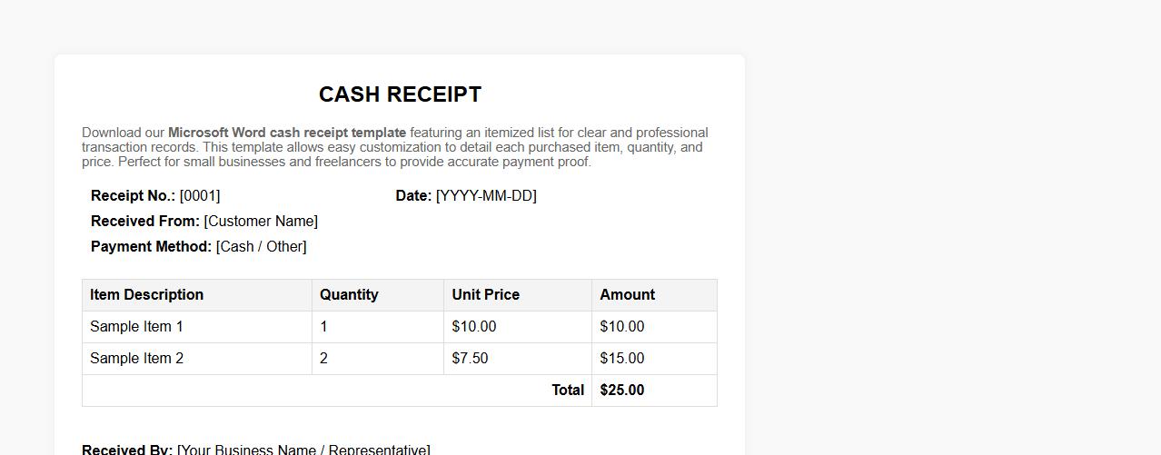 Microsoft Word cash receipt template with itemized list image preview