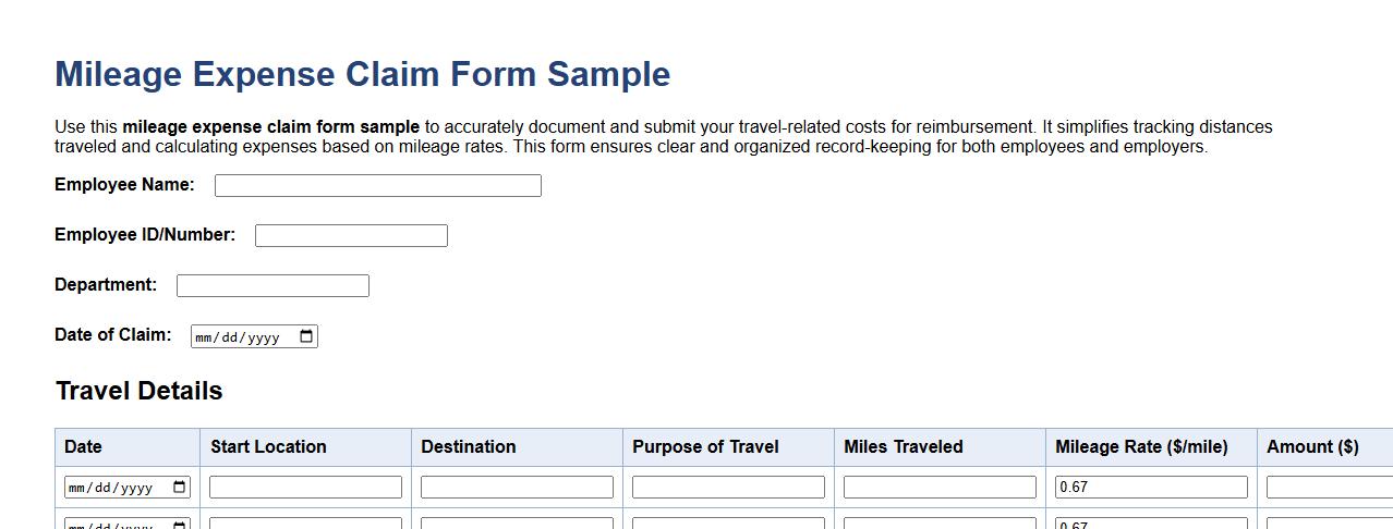 mileage expense claim form sample image preview
