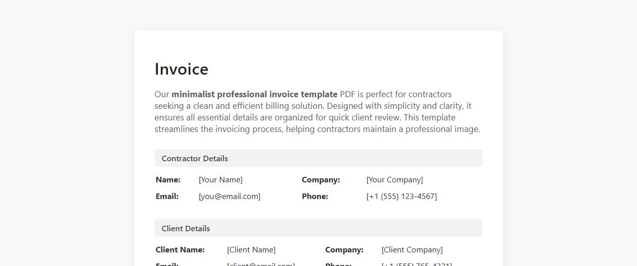 Minimalist professional invoice template PDF for contractors image preview