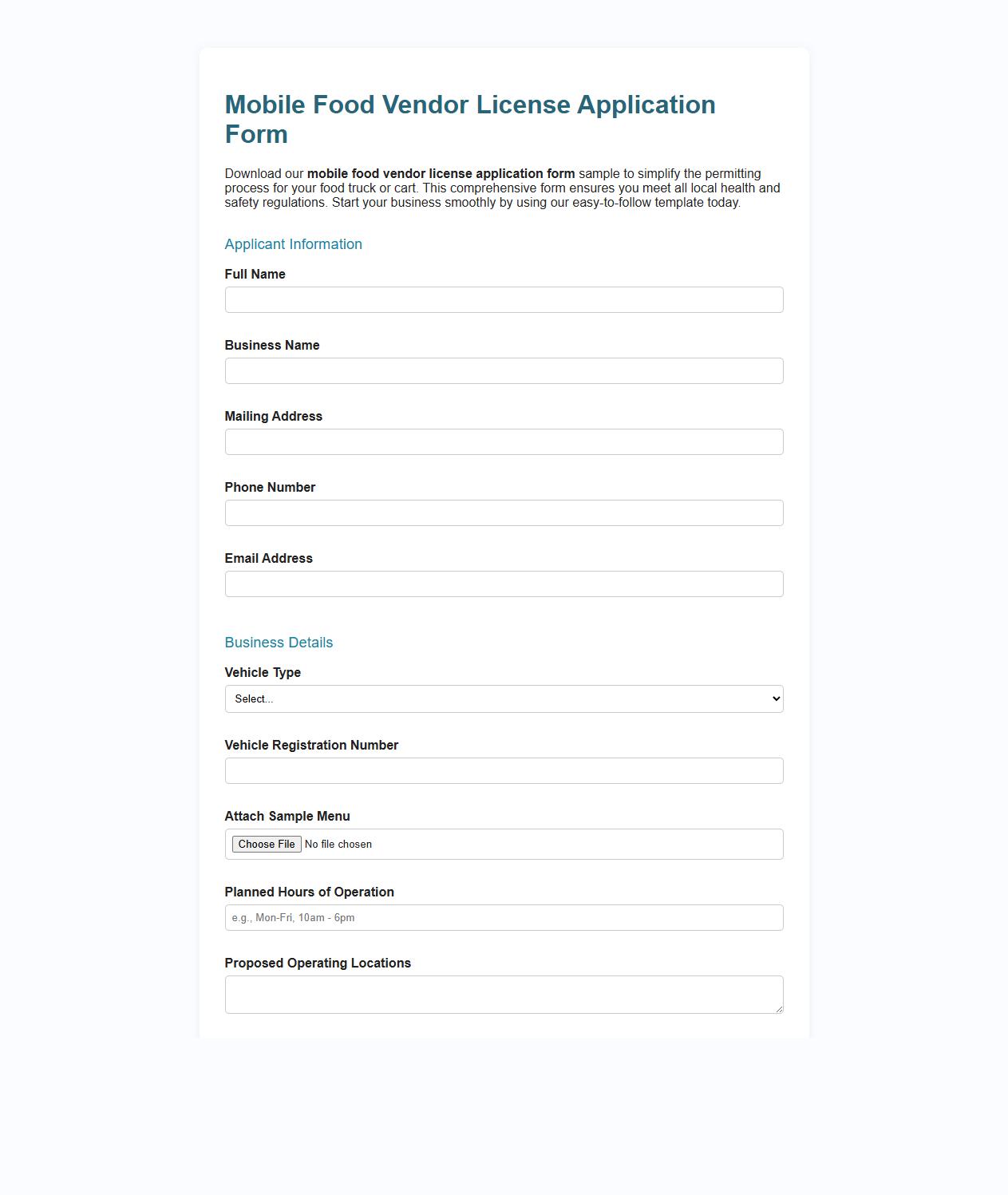 Mobile food vendor license application form sample image preview