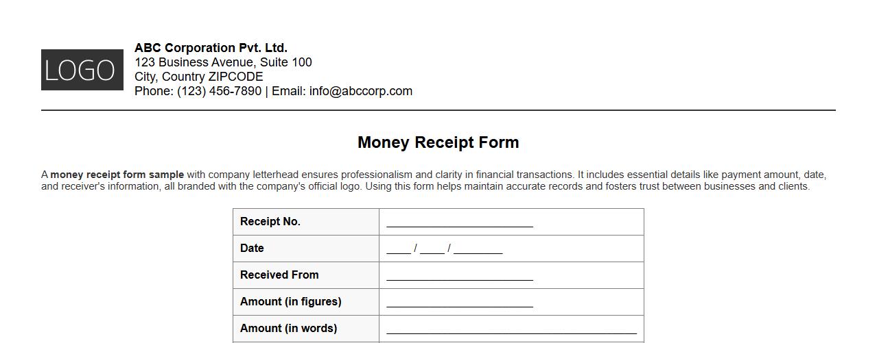 Money receipt form sample with company letterhead image preview