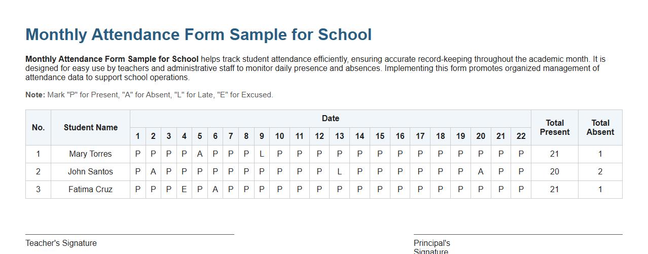 Monthly Attendance Form Sample for School image preview