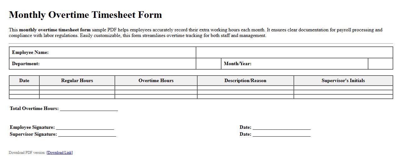 monthly overtime timesheet form sample PDF image preview