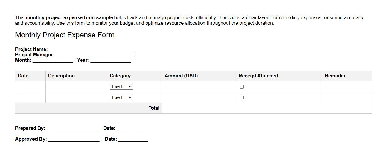 monthly project expense form sample image preview