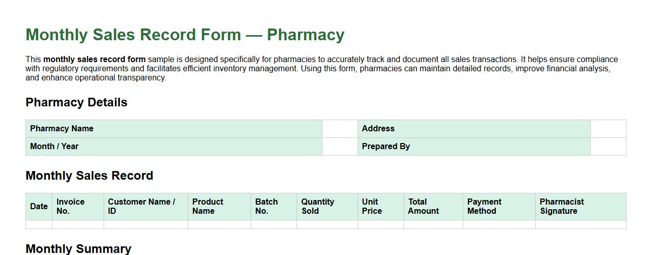 Monthly sales record form sample for pharmacy image preview
