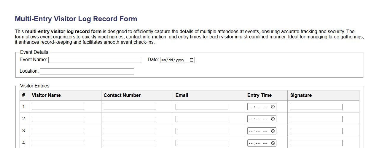 multi-entry visitor log record form sample for events image preview