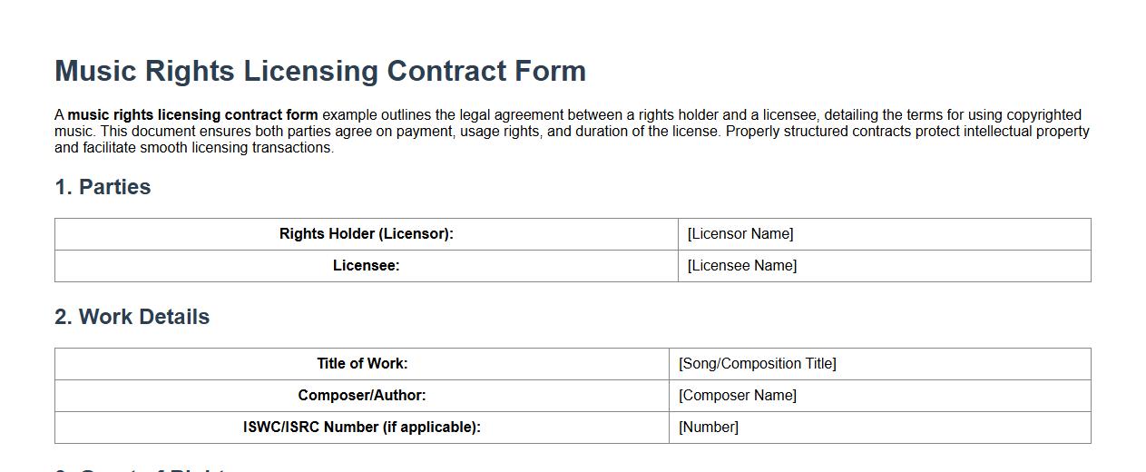 music rights licensing contract form example image preview