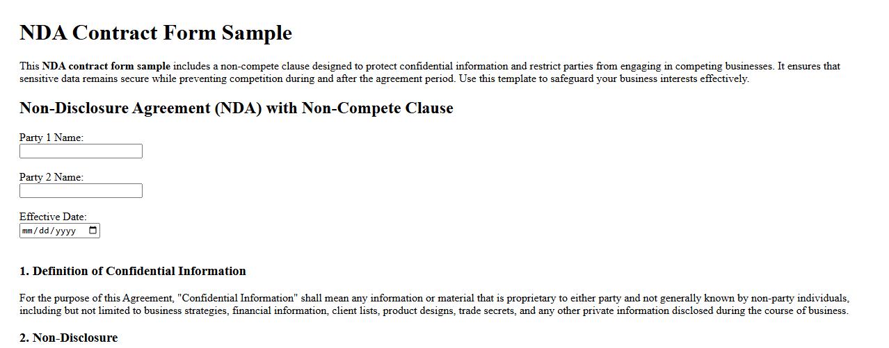 NDA contract form sample with non-compete clause image preview