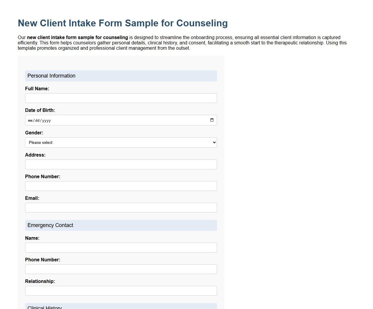 New client intake form sample for counseling image preview