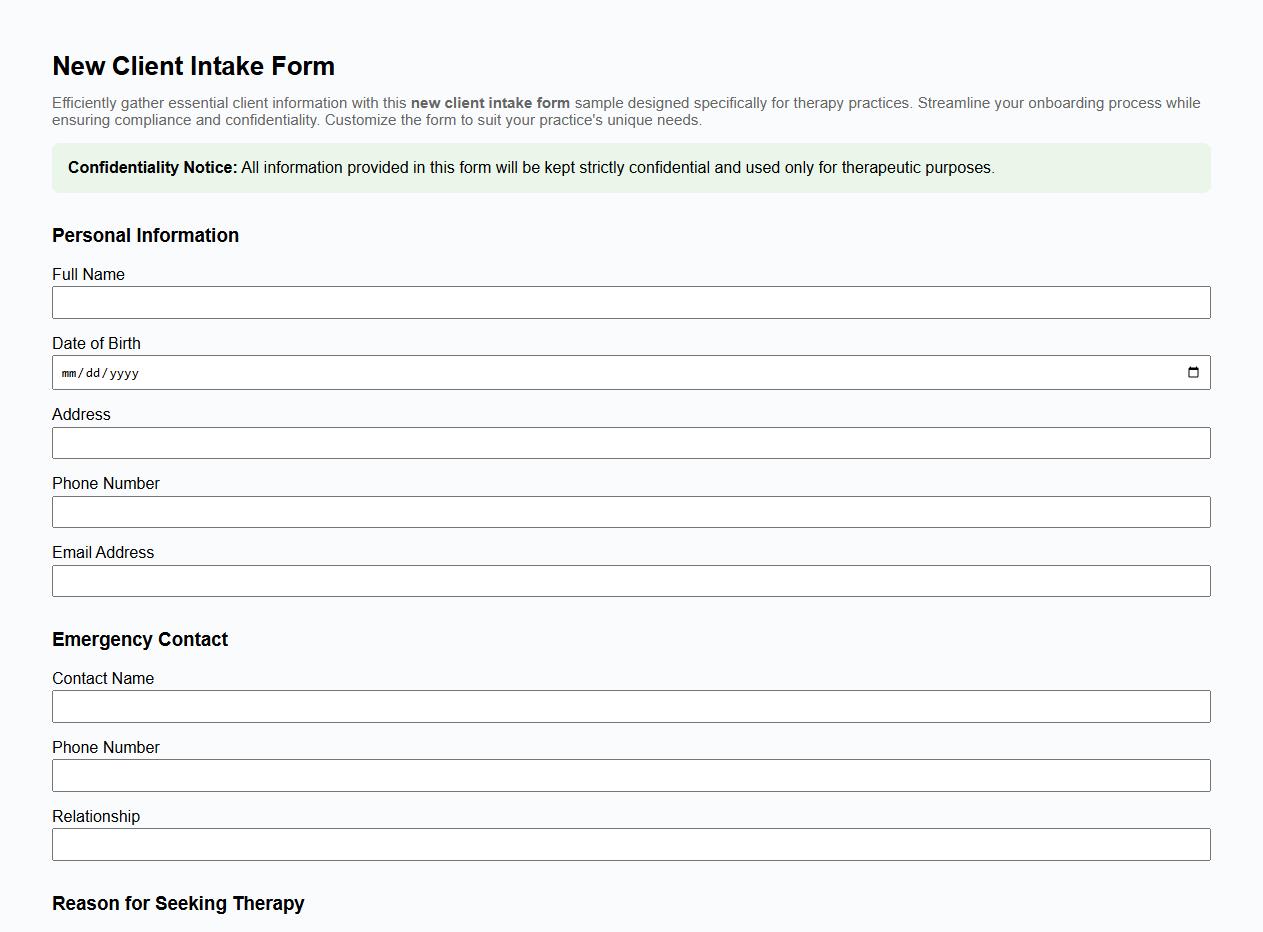 New client intake form sample for therapy practice image preview