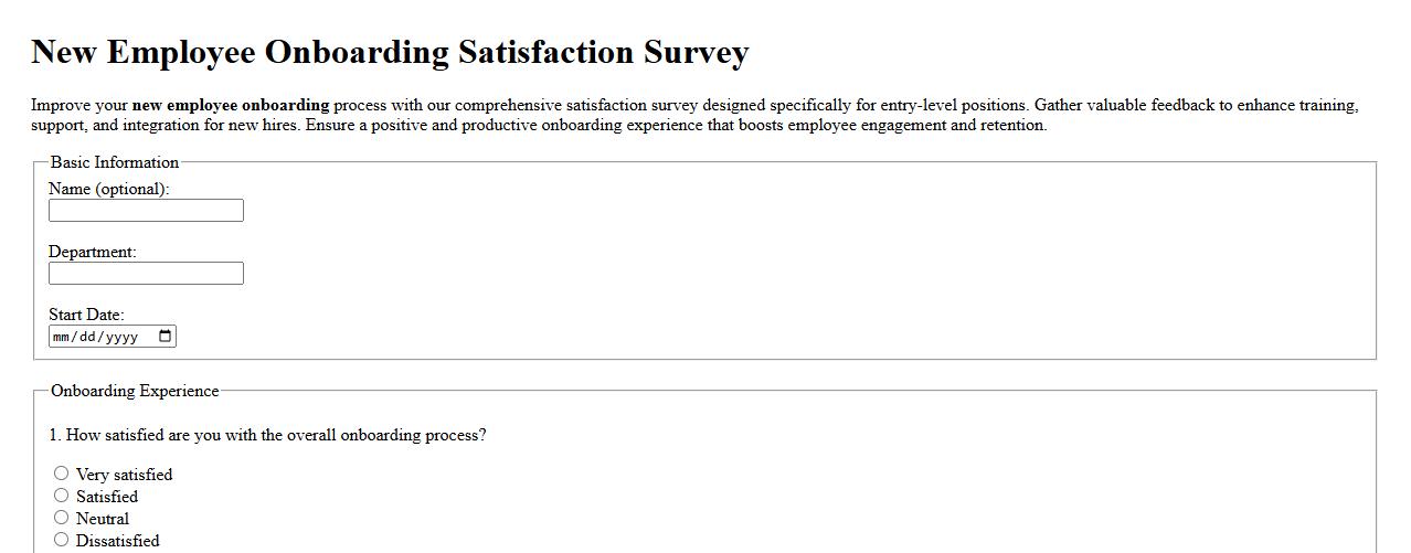 New employee onboarding satisfaction survey for entry-level positions image preview