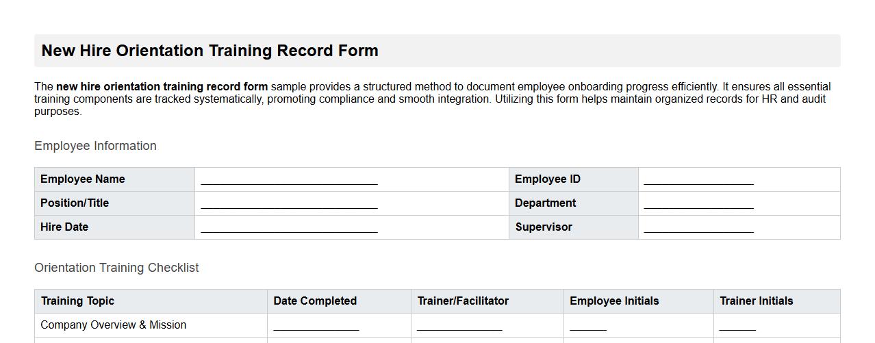 new hire orientation training record form sample image preview