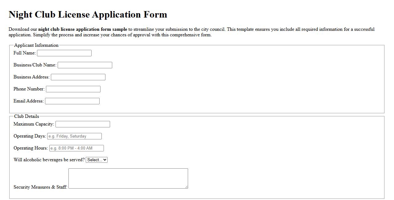 night club license application form sample for city council image preview