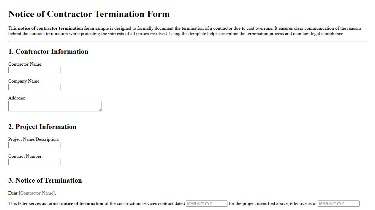 Notice of contractor termination form sample for cost overruns image preview