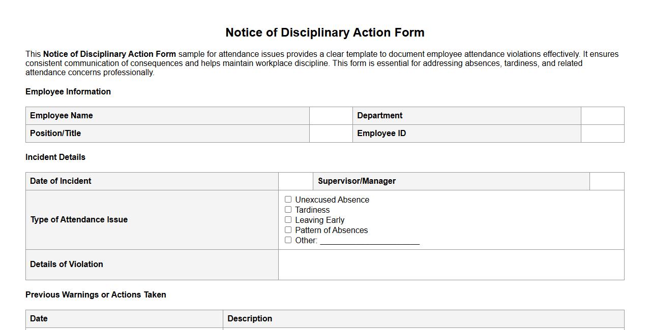 Notice of Disciplinary Action Form sample for attendance issues image preview