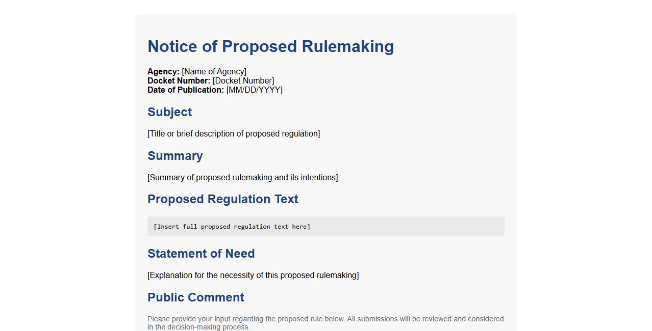 Notice of Proposed Rulemaking form sample with comment section image preview