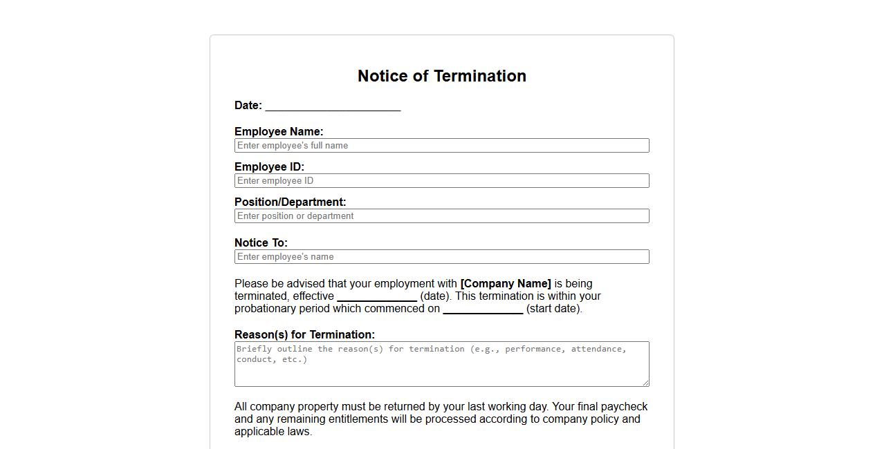 notice of termination form sample for probationary employees image preview