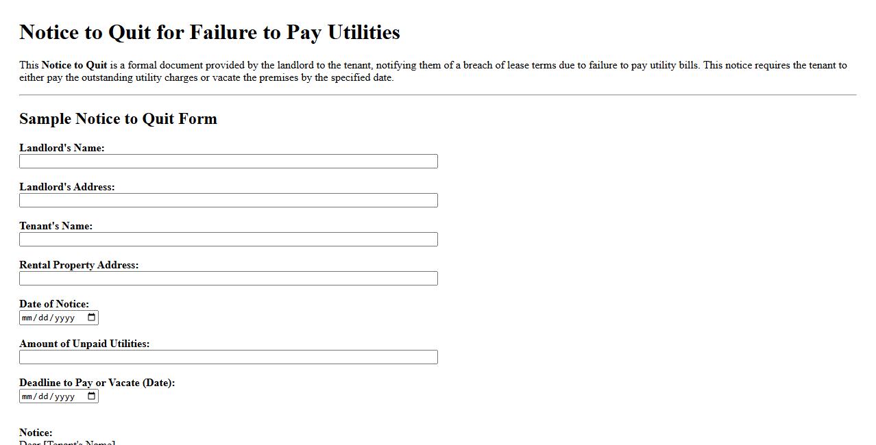 Notice to quit form sample for failure to pay utilities image preview