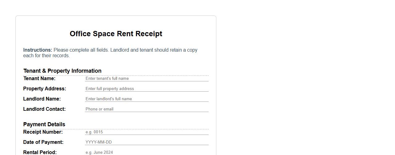 office space rent receipt form sample image preview