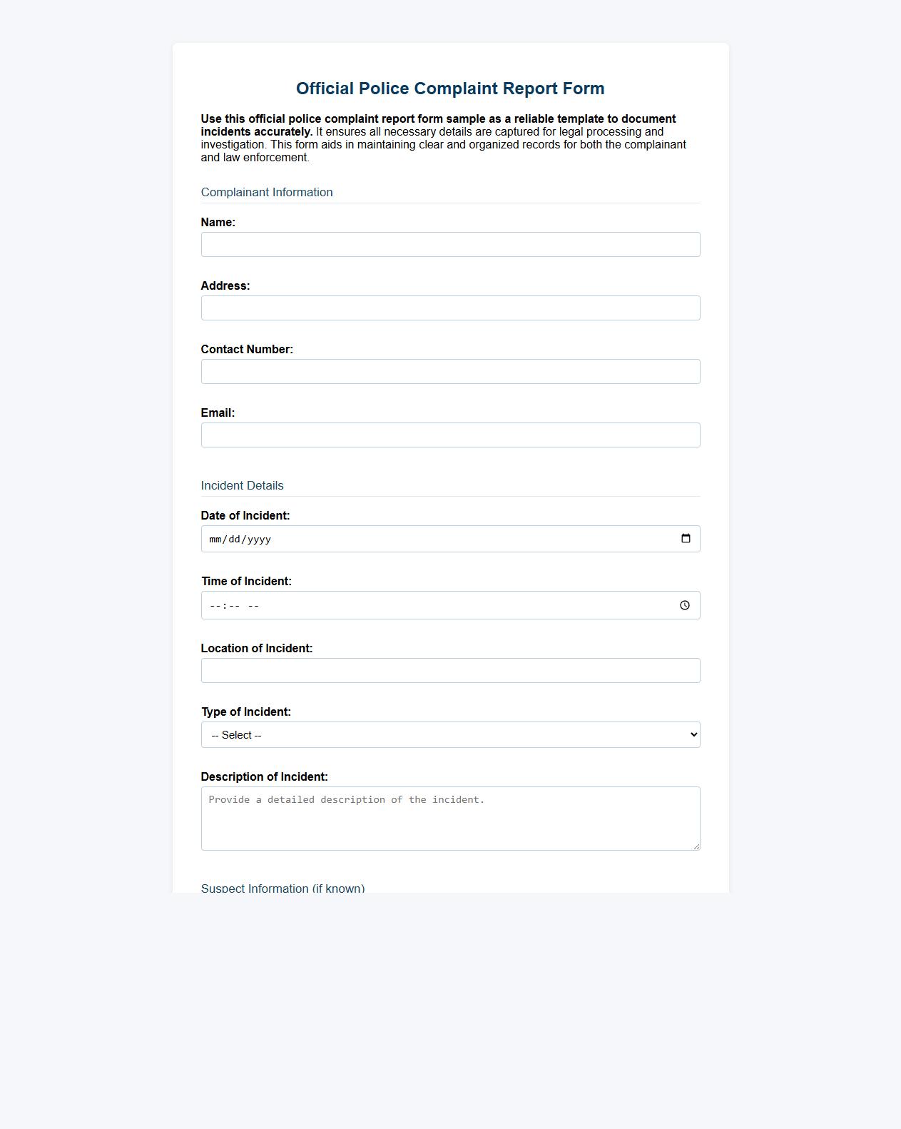 official police complaint report form sample image preview