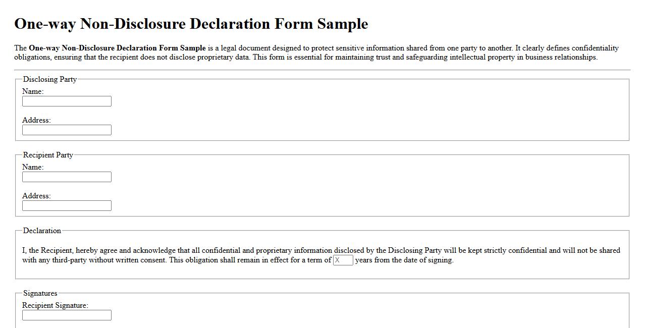 One-way Non-Disclosure Declaration Form Sample image preview