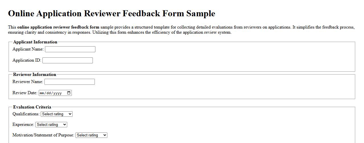Online application reviewer feedback form sample image preview