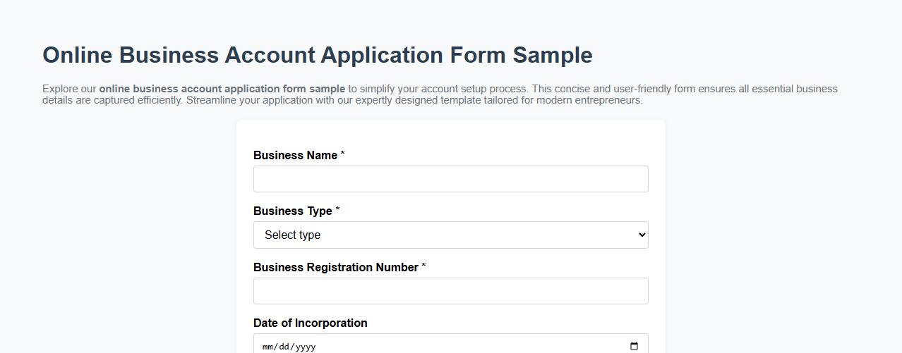 Online business account application form sample image preview