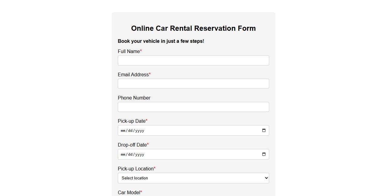 online car rental reservation form sample image preview