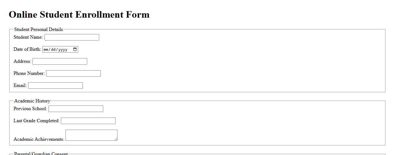 Online student enrollment form sample with parental consent image preview
