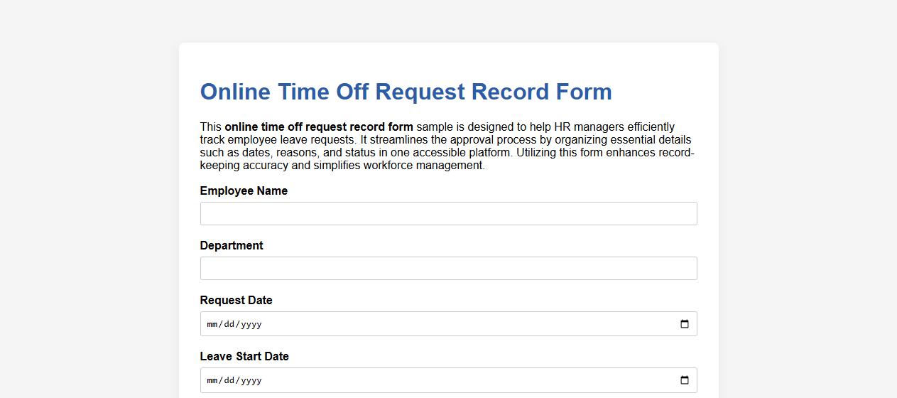 online time off request record form sample for HR managers image preview