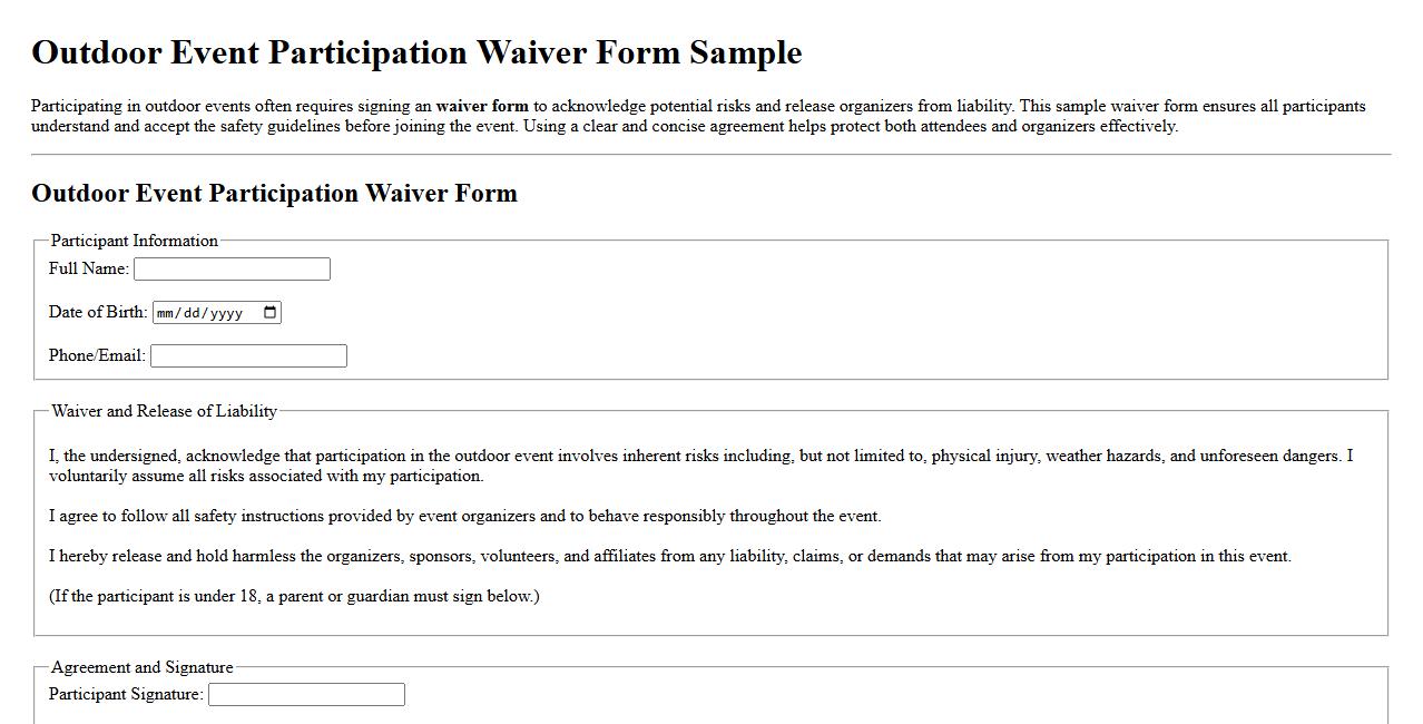 Outdoor event participation waiver form sample image preview