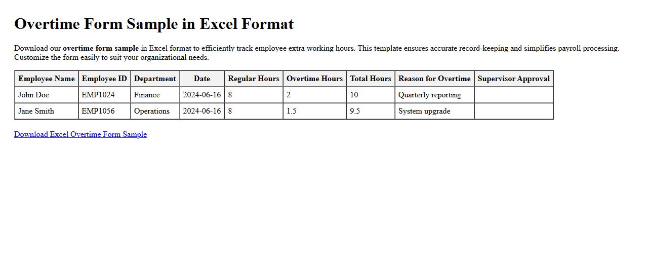 overtime form sample in Excel format image preview