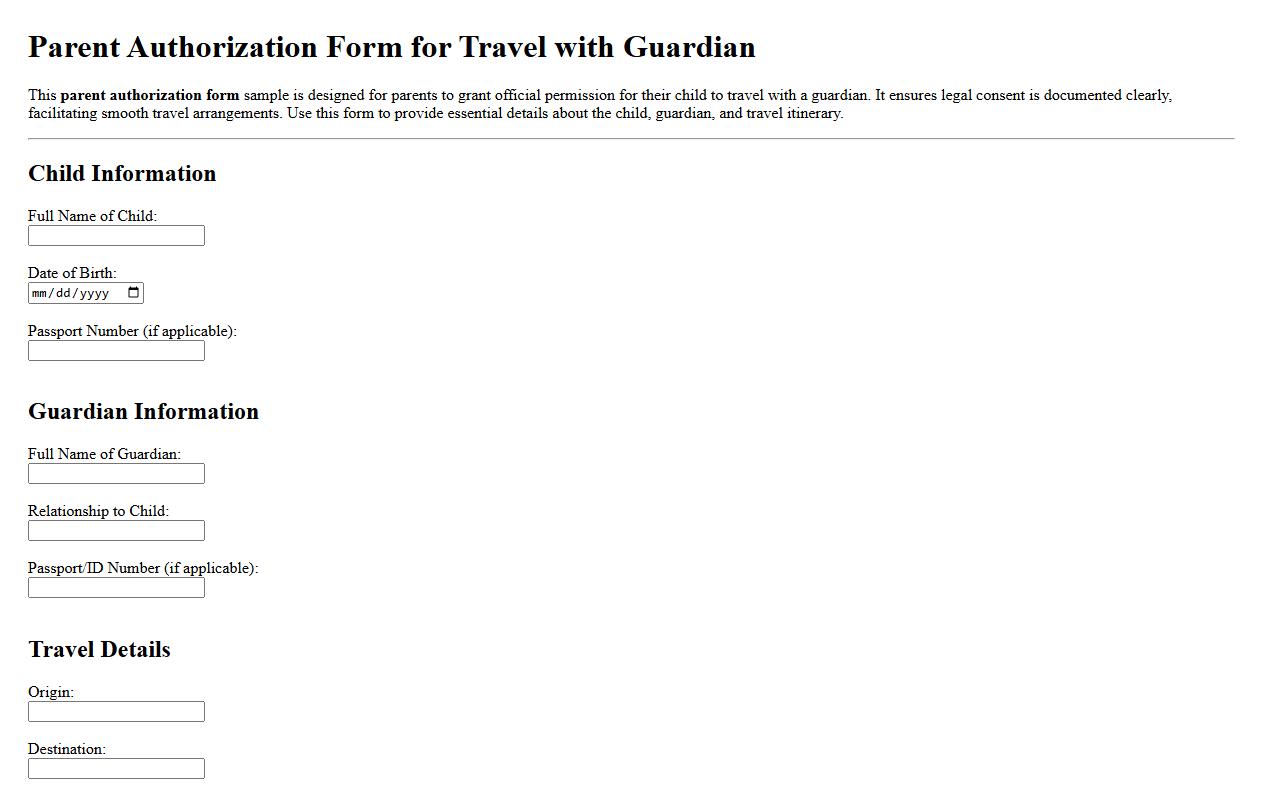 Parent authorization form sample for travel with guardian image preview