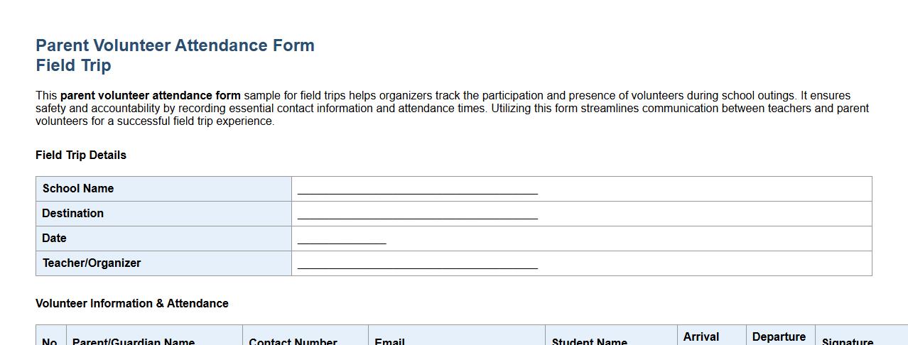 parent volunteer attendance form sample for field trips image preview