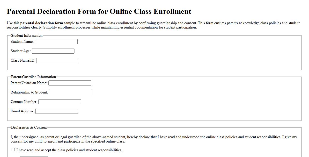 Parental declaration form sample for online class enrollment image preview
