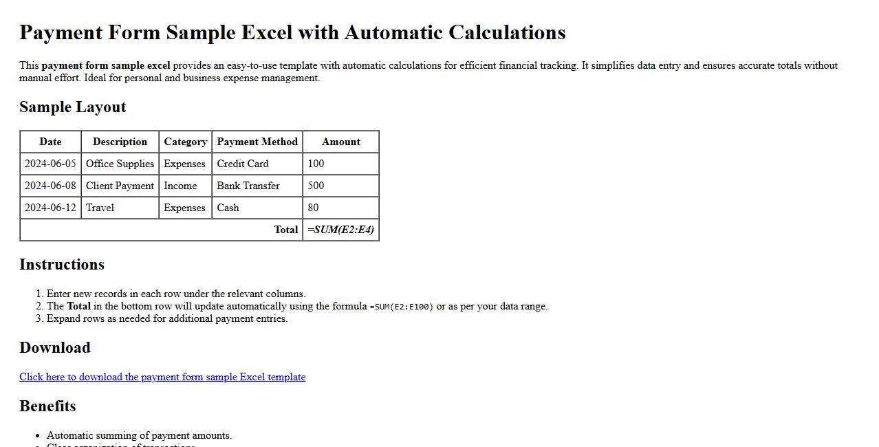 Payment form sample excel with automatic calculations image preview