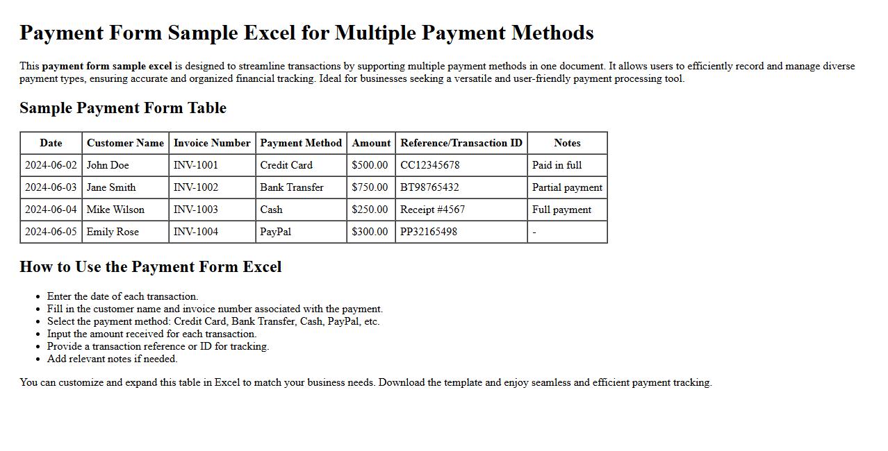 Payment form sample excel for multiple payment methods image preview