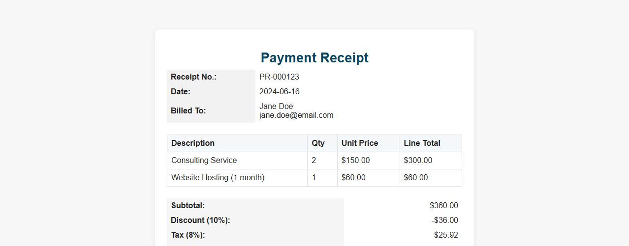 Payment receipt template including tax and discount fields image preview