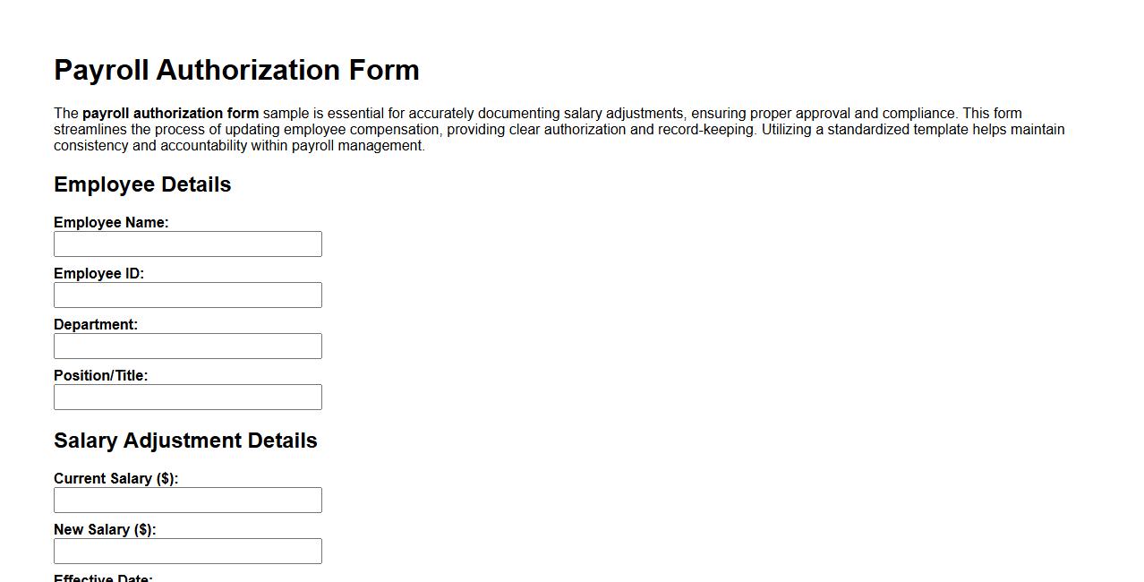 payroll authorization form sample for salary adjustments image preview