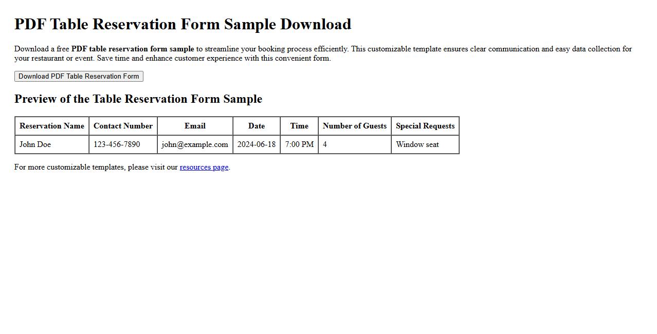 PDF table reservation form sample download image preview