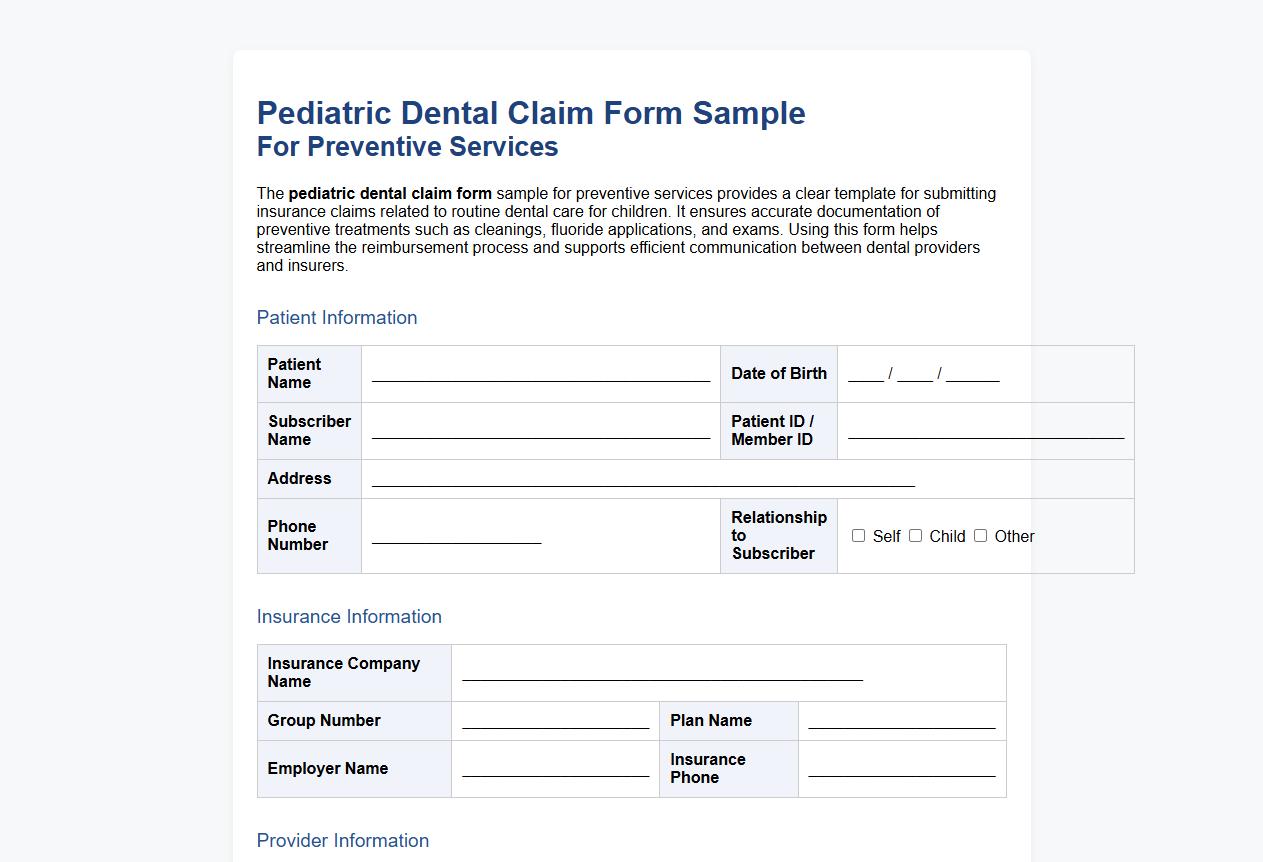 Pediatric dental claim form sample for preventive services image preview