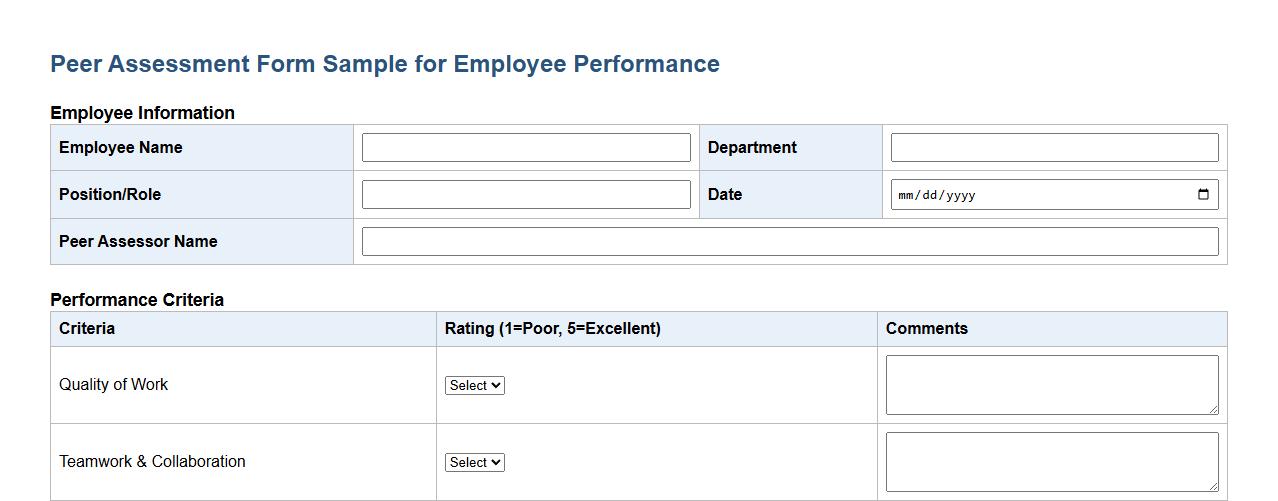 peer assessment form sample for employee performance image preview