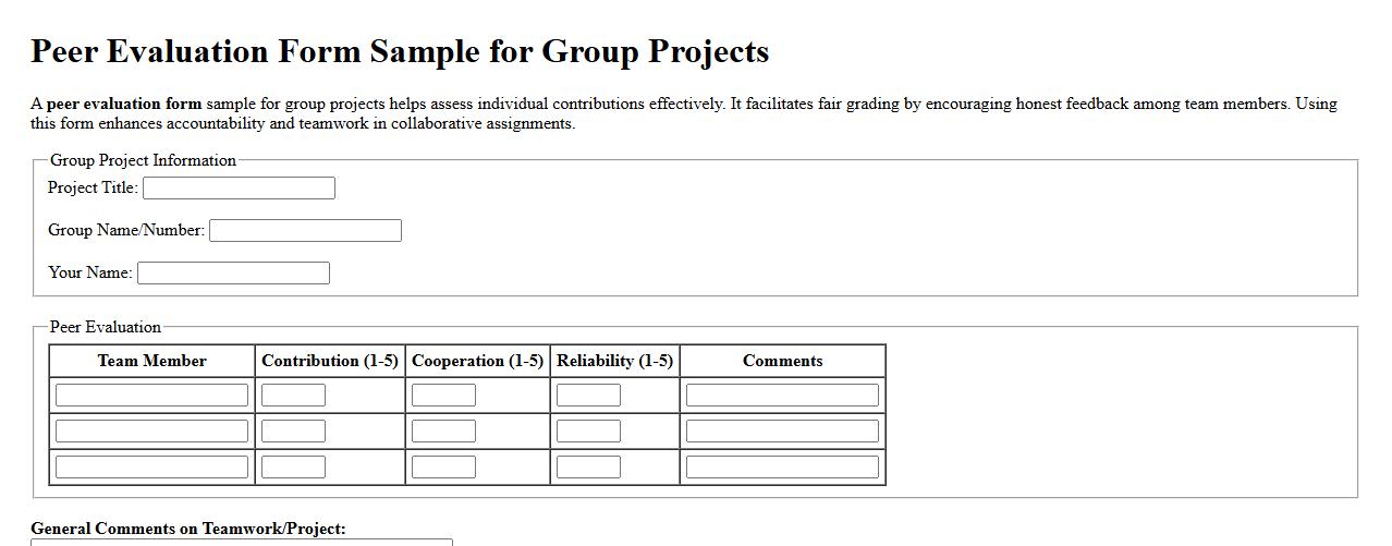 Peer evaluation form sample for group projects image preview